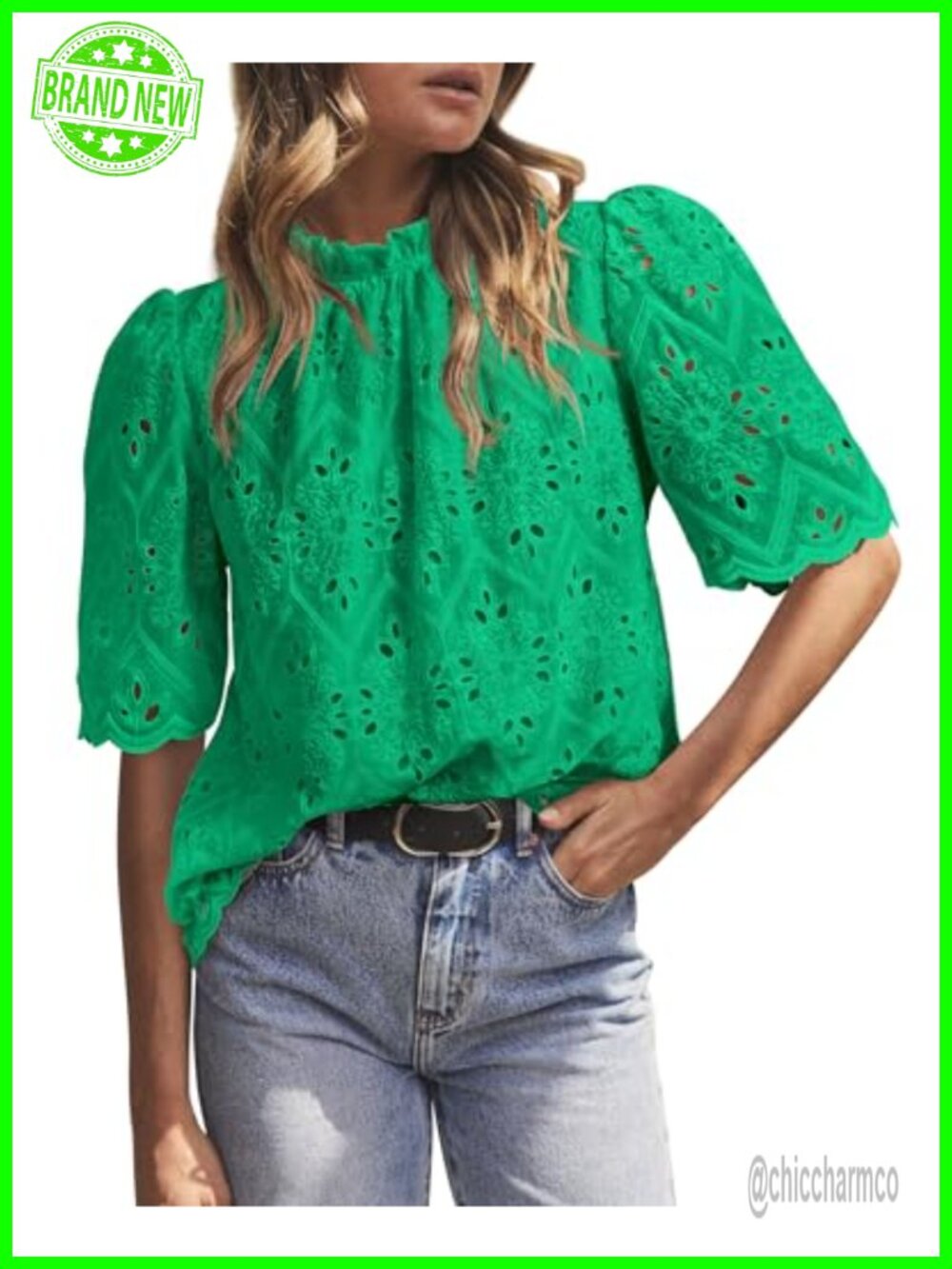 Eyelet Embroidered Blouse Women Short Puff Sleeve Mock Neck Summer Top